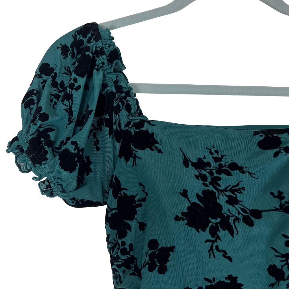 Dear Moon Green Burnout Velvet Floral Ruched Midi Dress Puff Sleeve Goth Holiday - Picture 3 of 7